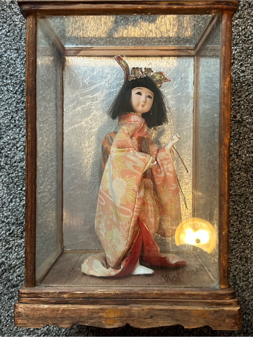 Vintage Japanese Geisha Kimono Doll in Original Wood & Glass Display Case